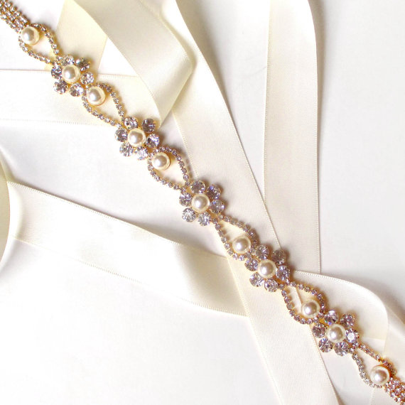 Mariage - Pearl Flower Bridal Belt Sash or Headband in GOLD - Custom Ribbon White Ivory - Crystal Wedding Dress Belt - Extra Long