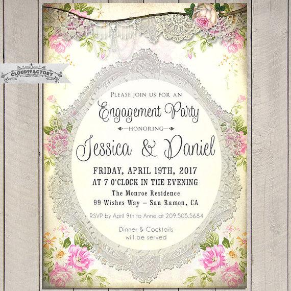 Hochzeit - Shabby Chic Engagement Party invitations Romantic Vintage Florals and Lace Casual or Formal Dinner Party Digital File or Printed No.766