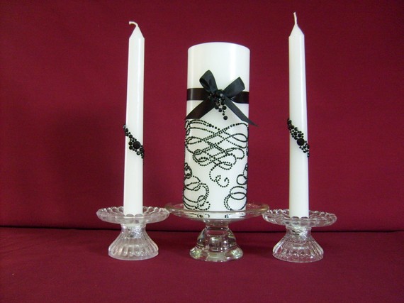 Wedding - Unity Candle- Black Crystal Swirls with Matching Tapers  "FREE SHIPPING"