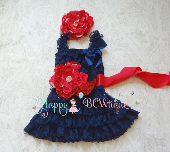 Mariage - Embellished Fuchsia Navy Lace Dress, Flower girls dress, Navy Lace Dress,Birthday outfit,girls dress,wedding, baby girls dress,Navy and Pink