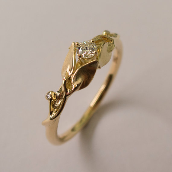 Wedding - Leaves Engagement Ring - 14K Gold and Diamond engagement ring, engagement ring, leaf ring, filigree, antique, art nouveau, vintage