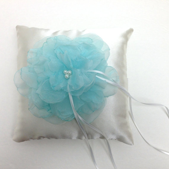 Wedding - Wedding Ring Pillow - Mint Flower on Ivory Satin
