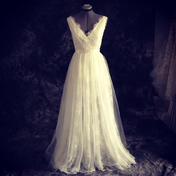 Wedding - vintage style Emma Wedding Dress- Made to order-classic V neck and deep V back mermaid  tulle over lace-Ting exclusive