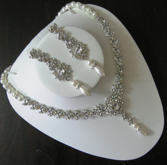 Mariage - Bridal Jewelry Set  Necklace and  Earrings  Set  Rhinestone and Pearl   Bridal Set  Swarovski Crystal Pearl Wedding Jewelry  Bridal Jewelry