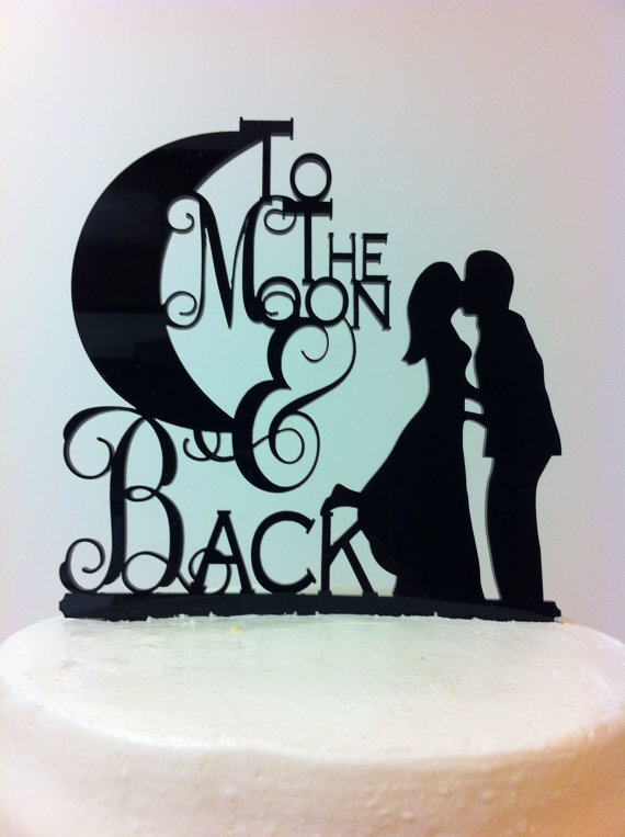 Hochzeit - Silhouette To The Moon & Back  Bride Groom Kissing Acrylic Wedding Cake Topper