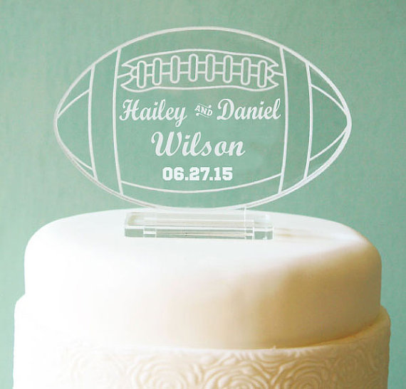 Hochzeit - Football Groom's Cake Personalized Wedding Cake Topper - Custom Laser Engraved Monogram