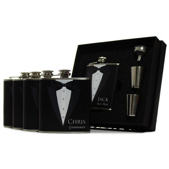 Wedding - 6, Gifts for Groomsmen, Black Tuxedo Flask Gift Set of 6