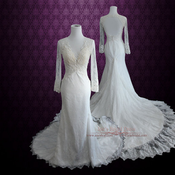 Wedding - Vintage Style Lace Wedding Dress with Plunging Neckline and Long Sleeves 