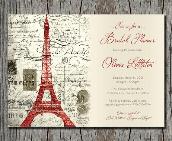 Hochzeit - Vintage Red Paris Themed Bridal Shower Invitation (Printable)