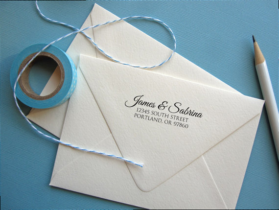 Wedding - Custom Return Address Stamp calligraphy style, black self inking stamp, rubber stamp wood handle