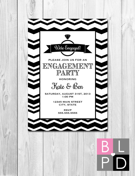زفاف - Engagement Party Invitation - Black and White Chevron - Ring Silhouette - DIY - Printable