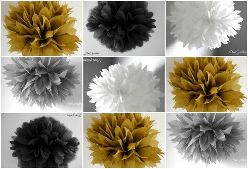 Wedding - 10 tissue poms, 50th wedding anniversary decor,graduation party decorations, Gold Black White