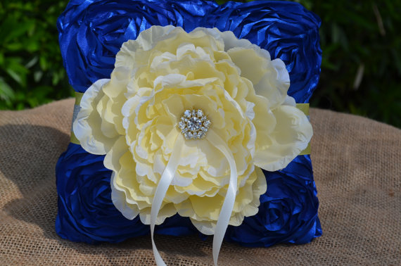 زفاف - Royal blue and yellow ring bearer pillow_ring cushion_rosette pillow