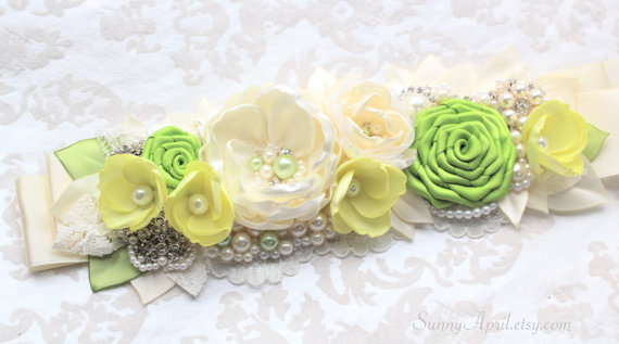 Hochzeit - Ivory Yellow Green Sash "Liliana" Bridal Wedding Ribbon Sash/ Handmade Accessory/ Free shipping on Additional Items