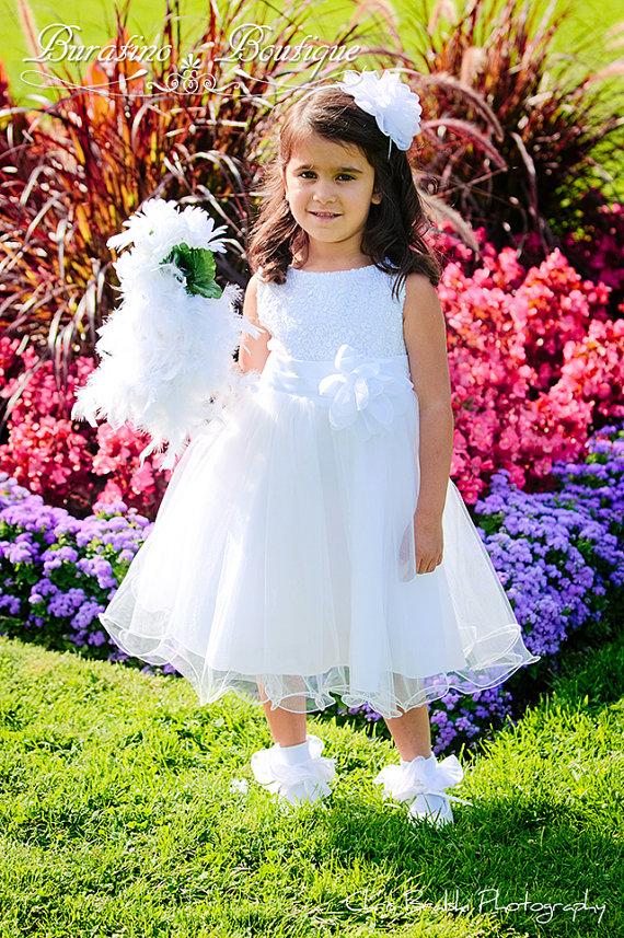Свадьба - Flower Girl  Dress Communion Dress WHITE  Sequin Double Mesh Wedding, Communion  Girls Toddler Flower Girl  Dress (ets0155wt)
