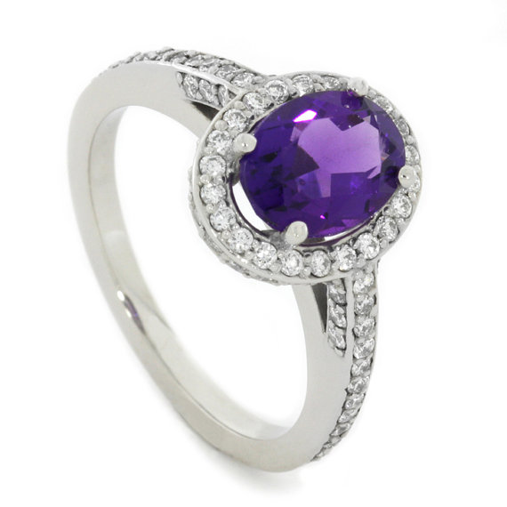 زفاف - Purple Amethyst and Diamond Engagement Ring, Palladium Ring with Meteorite inlay