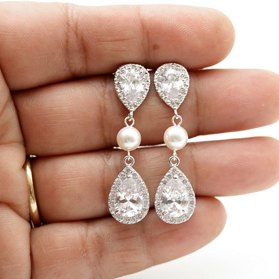 Wedding - Crystal Pearl Bridal Earrings Wedding Jewelry Silver Cubic Zirconia Posts Pearl Bridal Jewelry Wedding Pearl Earrings
