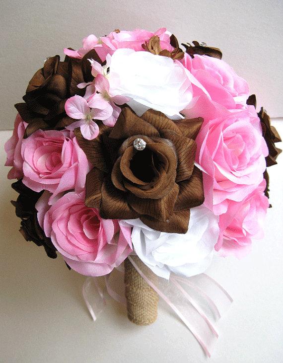 Свадьба - Free Shipping Wedding Bouquet Bridal Silk flower Decoration 17 pieces Package PINK BROWN BURLAP Country centerpieces RosesandDreams