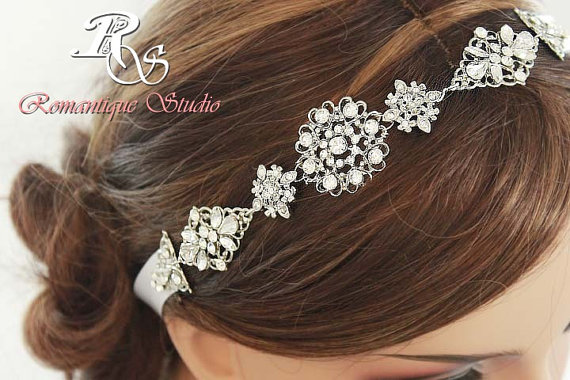 Wedding - Bridal ribbon headband, crystal and filigree headband, vintage style  rhinestone wedding headband, bridal hair accessory, - style 3128