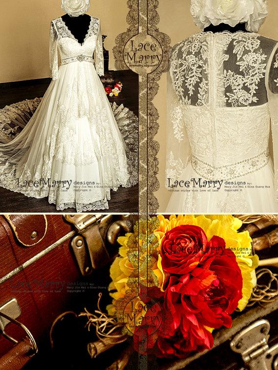 Hochzeit - Ornate Empire Style Vintage Inspired A-line Lace Wedding Dress with V-cut Illusion Neckline and Sheer Sleeves Featuring Hand Beaded Belt