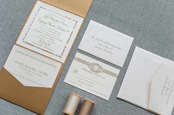 زفاف - Formal Vintage Wedding Invitation Antique Gold - Sophisticated, Romantic - Custom Colors - Julie and Gregory