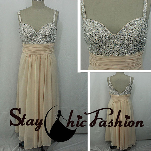 Wedding - Sparkly Nude Long Sequined Top Spaghetti Strap Chiffon Prom Dress2015, Homecoming Dresses