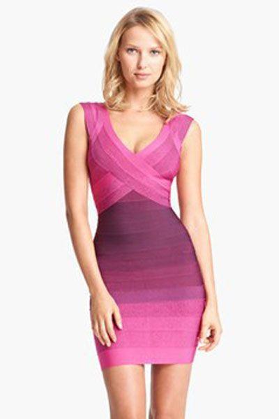 زفاف - Low Cut Strappy Pink Purple Bandage Dress