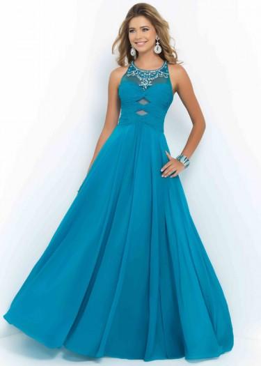 Wedding - Fashion Cheap Scoop Neck Cutouts Ruched Lagoon Beaded Chiffon Evening Gown