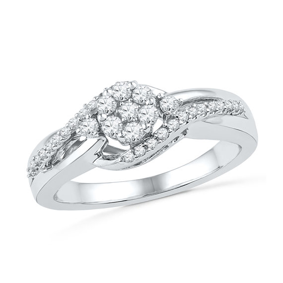 زفاف - Diamond Cluster Ring, Sterling Silver or White Gold Engagement Ring