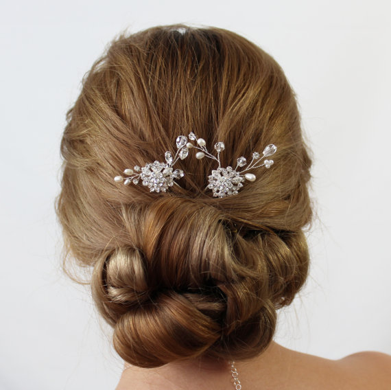 Wedding - Bridal Crystal Hair Pin, KARINE Hair Pins, Set od 2 Wedding Hair Pins,  Wedding Hair Accessories, Bridal Head Piece, Pearl Wedding Hair Pin
