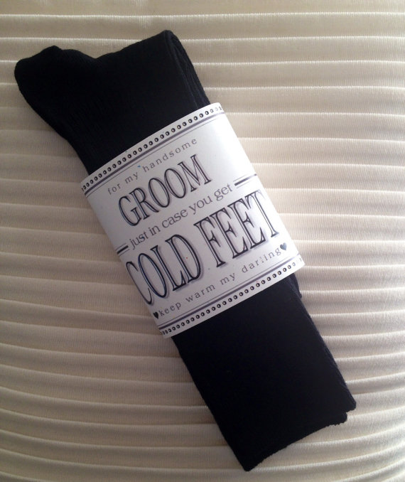 Mariage - Fabulous Groom's Wedding Gift From Bride Black Designer Dress Socks with Label "Just In Case You Get Cold Feet" + Optional  "I Do" Stickers!