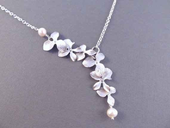 Hochzeit - Bridesmaid Necklace, Silver Orchid Flowers with Freshwater Pearls, Bridal, Wedding Jewelry, Lariat Style Necklace