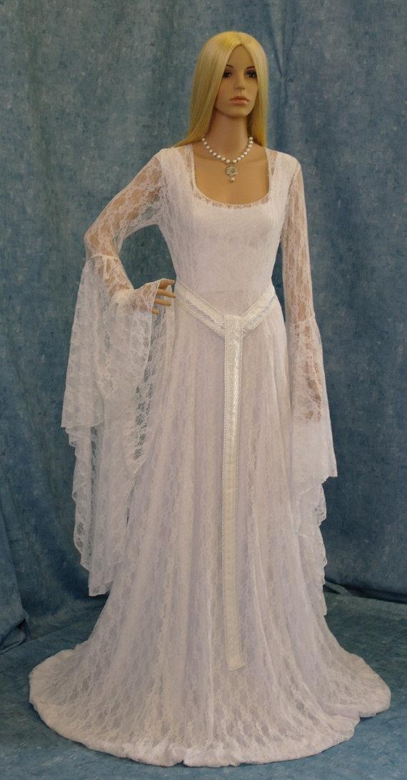 زفاف - white lace wedding gown, elven dress, medieval wedding dress, cosplay dress, handfasting custom made