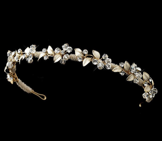 زفاف - Simple Bridal headband, Gold Wedding headpiece, Leaf headband, Crystal head piece, Rhinestone tiara, Wedding headband, Vintage style