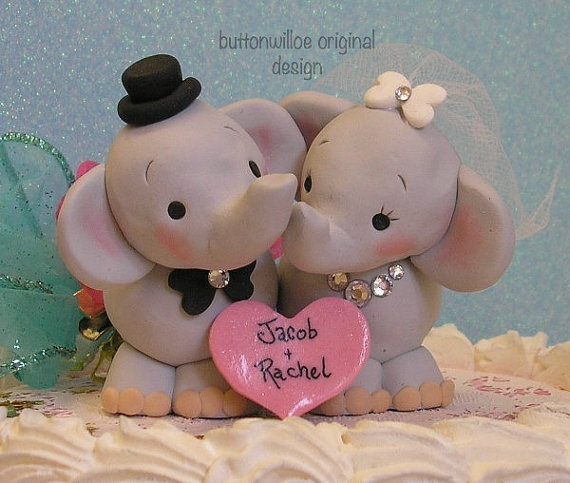 Wedding - Elephant Wedding Cake Topper with Personalized heart Animal Cake Topper
