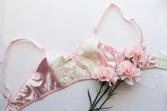 Hochzeit - Satin and Sequin Boudoir Soft Bra "Astrid" Pink and White Opalescent Handmade Lingerie