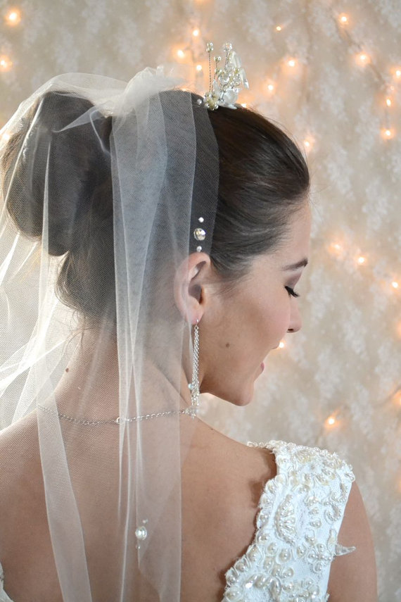 Hochzeit - Crystal Blusher Bridal Veil Swarovski Crystal Rhinestone trio veil, 23" long bridal tulle double sided crystal bridal veil