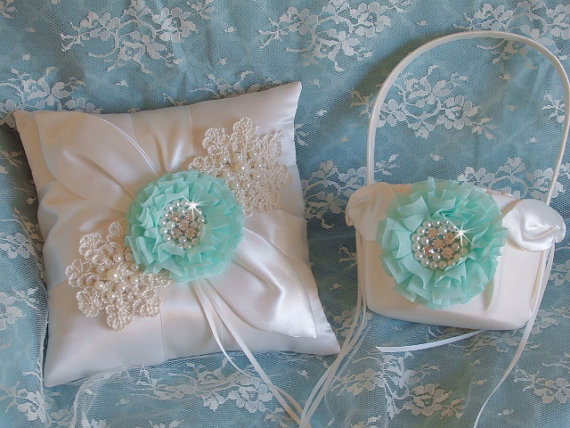 Wedding - Tiffany Blue Something Blue Wedding Flower Girl Basket Pillow Set, Pink Wedding Ring Pillow Set, Shabby Chic Pillow and Basket Wedding Set