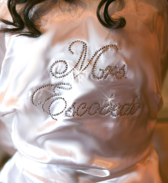 زفاف - Personalized Satin Bridal Robe with Custom Mrs. Name in Rhinestone Crystals, Custom Bride Robe