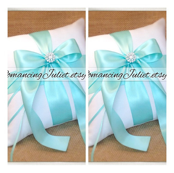 زفاف - Romantic Satin Elite Ring Bearer Pillow...You Choose the Colors...SET OF 2...shown in white/aqua