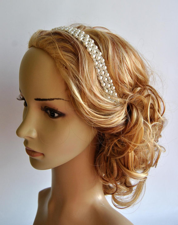 Mariage - Bridal Rhinestone Pearls Headband,Wedding Crystal Bridal bridesmaid Headband,Wedding Headpiece,Halo Bridal Headpiece, 1920s Flapper headband