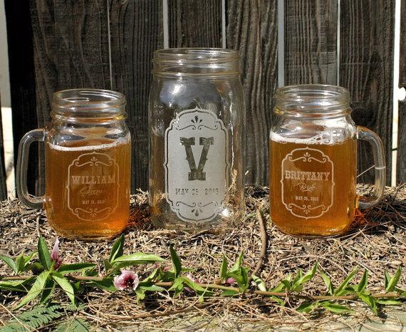 زفاف - Beer Unity Set : (2) Mason Jar Glasses & (1) Wide Mouth Canning Jar, Home Brew Wedding, Rustic Wedding Decor Unity Candle Alternative