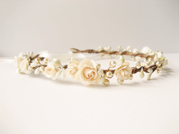زفاف - Wedding hair accessories, Ivory flower crown, Bridal headpiece, Vintage hairpiece, Pearl headband - GENEVIEVE