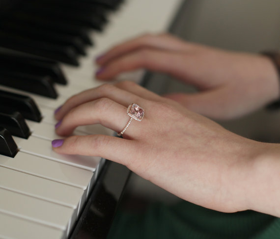 Hochzeit - Peach Sapphire Engagement Ring 14k Rose Gold Diamond Ring Cushion Peach Champagne Sapphire 3.02ct