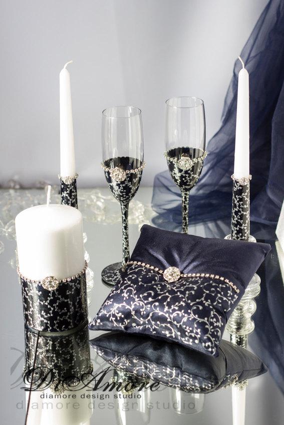 زفاف - Navy & Silver lace-Wedding SET/Champagne glasses/Wedding Unity Candle/Wedding ring pillow/painted handmade/Navy weddings Set/6 pcs