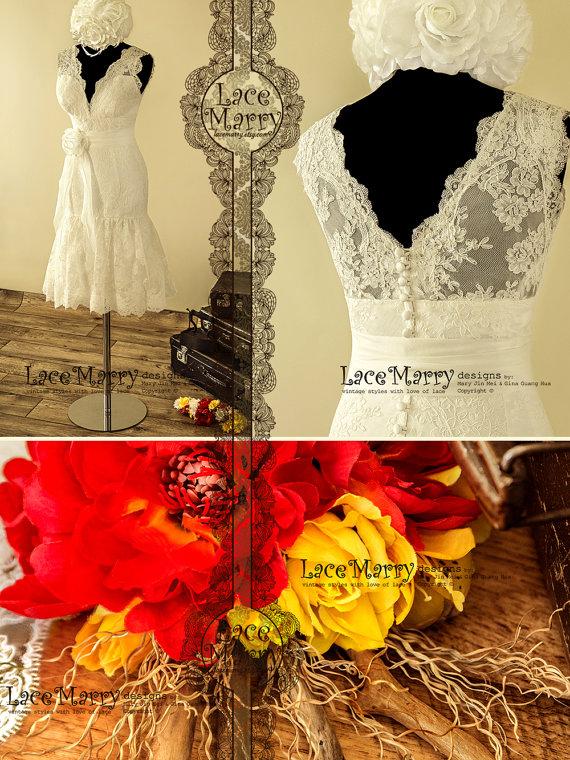 زفاف - Enchanting and Feminine Lace Wedding Dress with Deep V-Neckline and V-Back Featuring Knee Length Ruched Volant Skirt and Organza Flower Sash