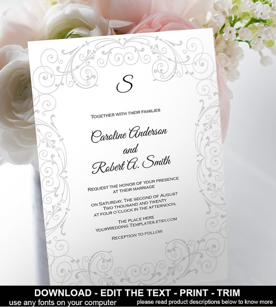 Свадьба - Printable diy wedding invitation template-wedding Invitation Download instantly-DIY invites-Gray-T023