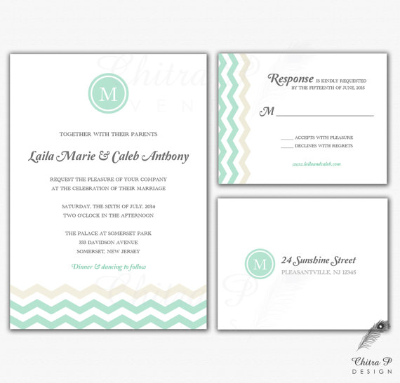 Mariage - Monogram Wedding Invitation & RSVP Postcards - Printed or Printable, Chevron Mint Sand Rehearsal Dinner Engagement Party Green Bridal Shower