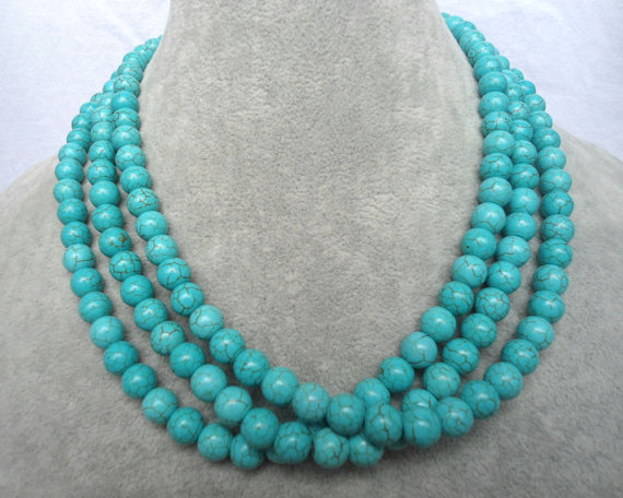 Mariage - Turquoise Necklaces, 18 Inches 8mm 3 Strands bead  Necklace,Wedding Jewelry,Necklace,
