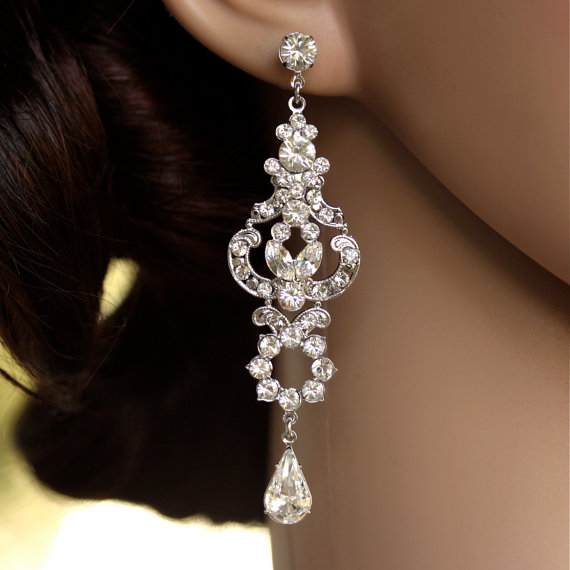 Mariage - Rhinestone Chandelier Earrings Long Bridal Earrings Art Deco Wedding Earrings Crystal Wedding jewelry, FRANCES